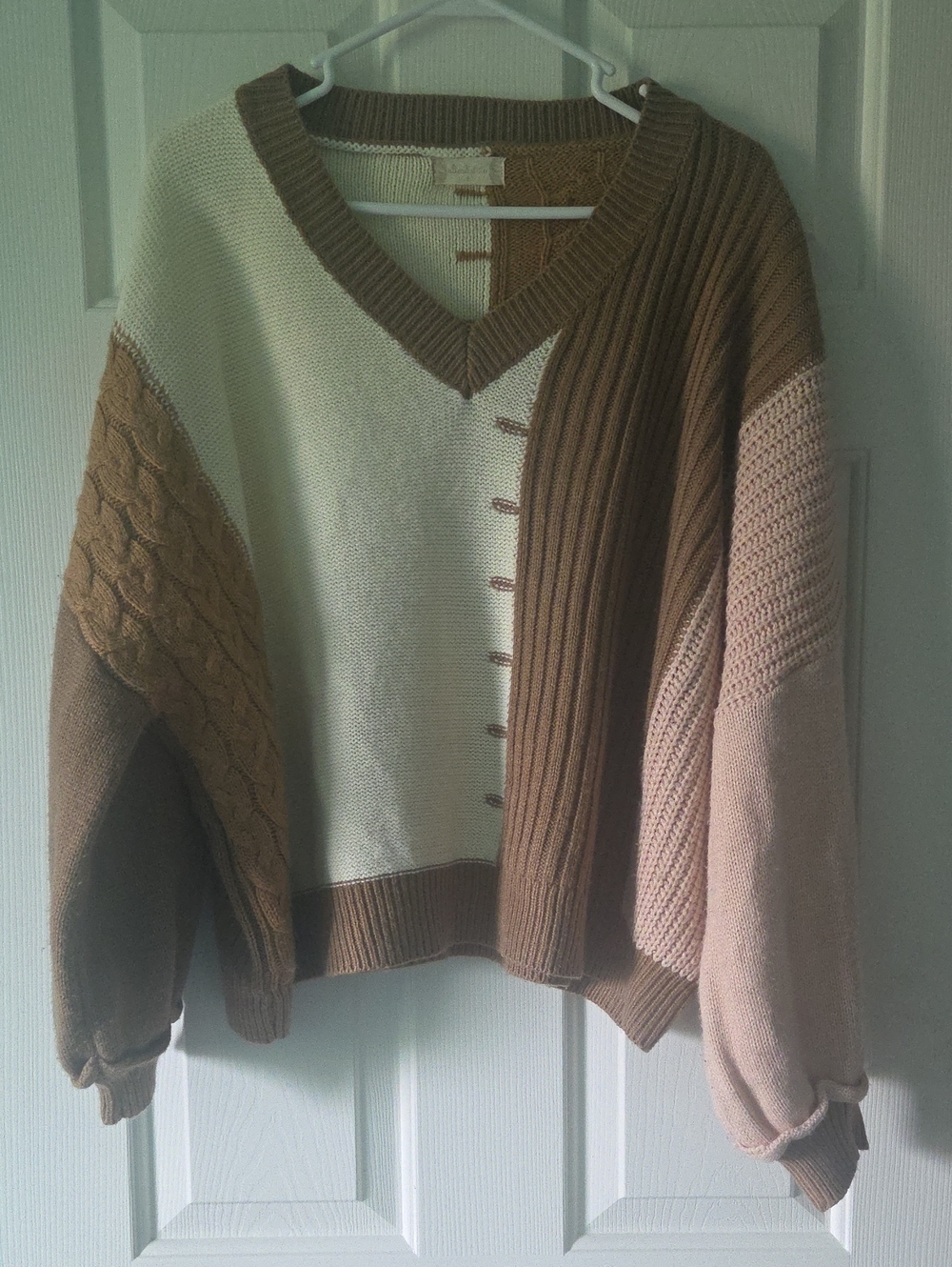 Altar'd State Cream & Brown Mixed-Knit Oversized V-Neck Sweater